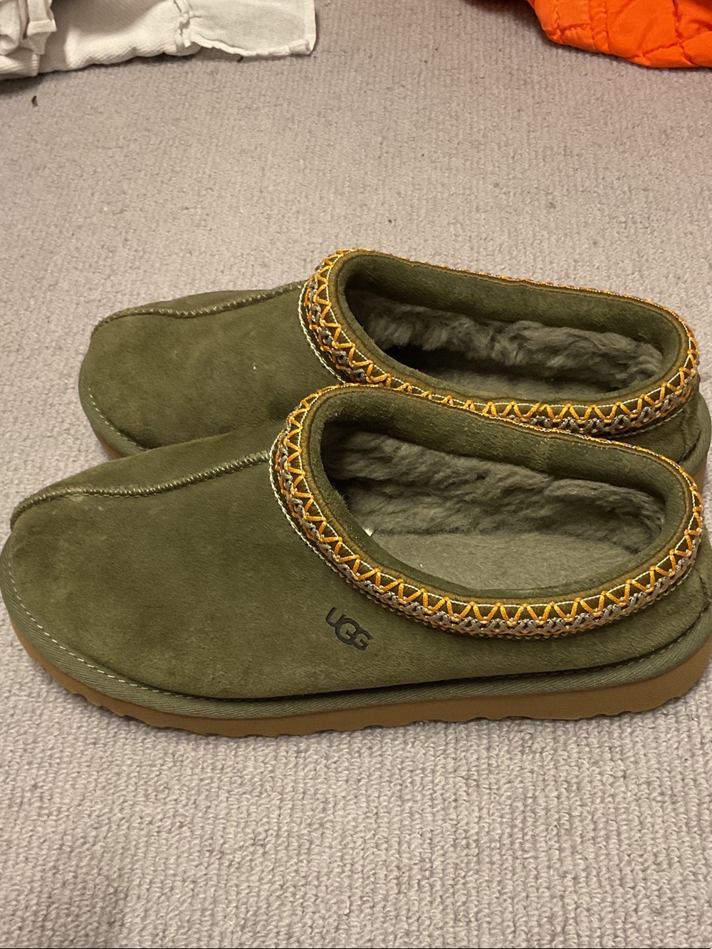 UGG Olive Green Suede Shearling-Lined Slip-Ons with Braided Trim